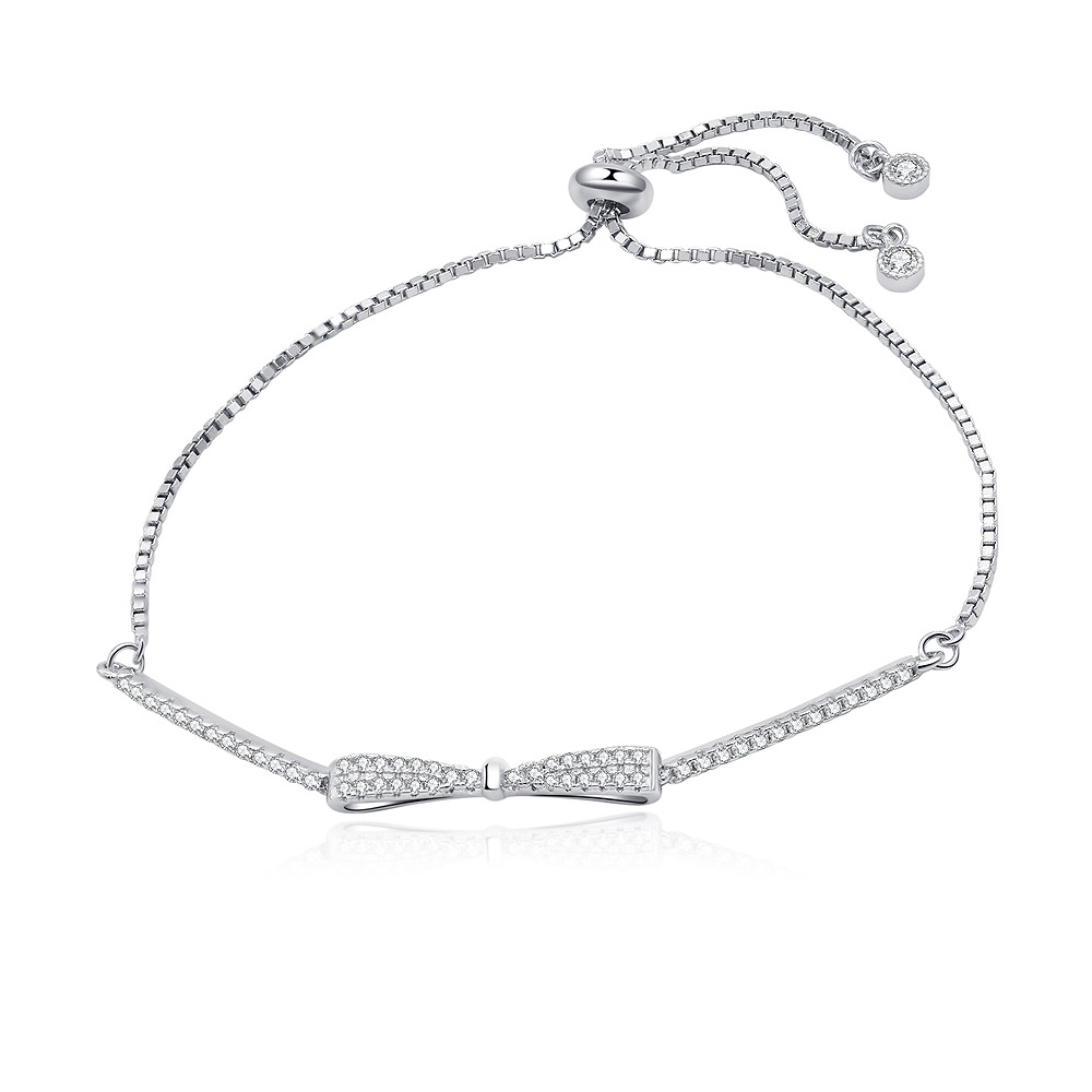 Sterling Silver Pave Bow Bolo Bracelet